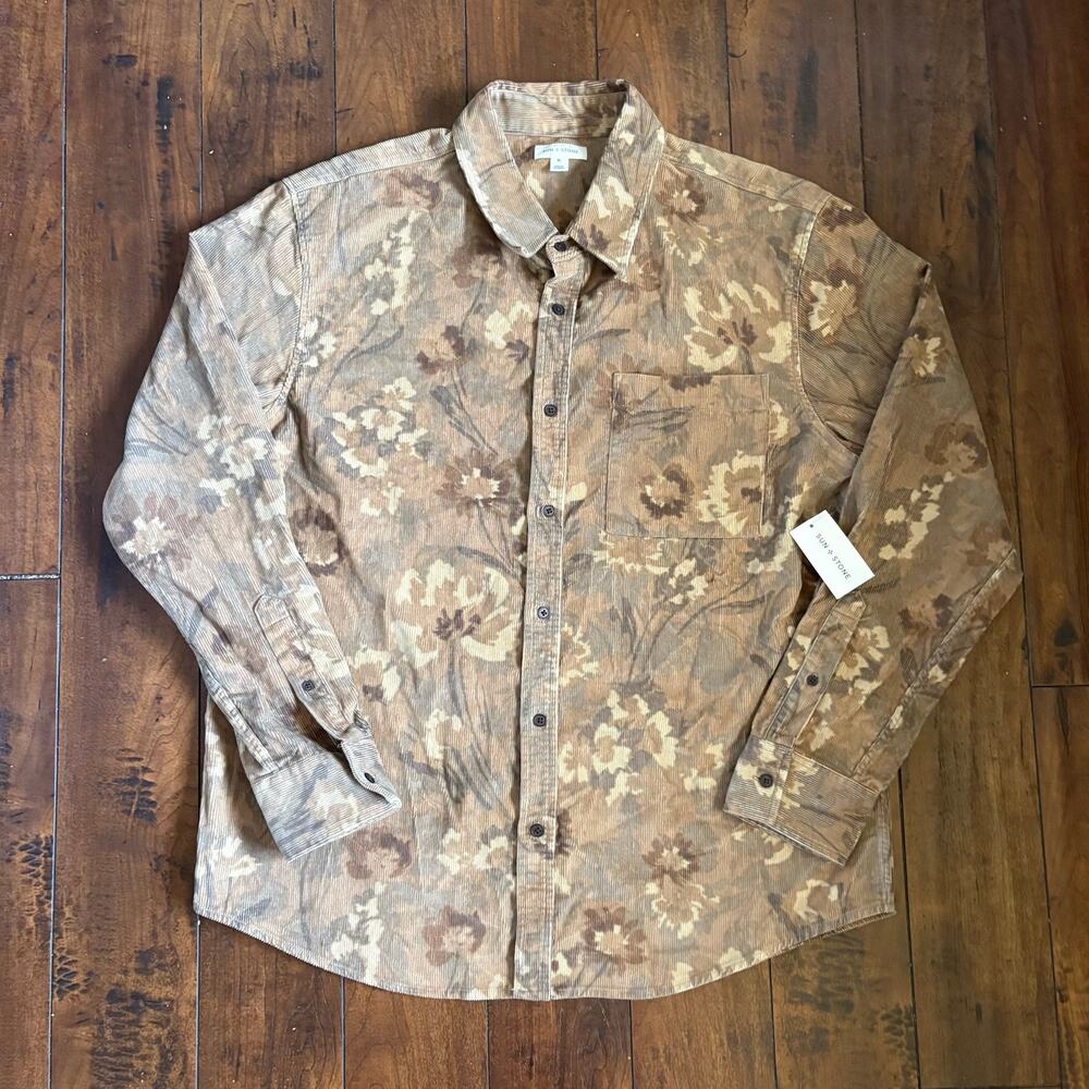 Sun + Stone Corduroy Jacket Mens XL Brown Floral Print Streetwear Nature